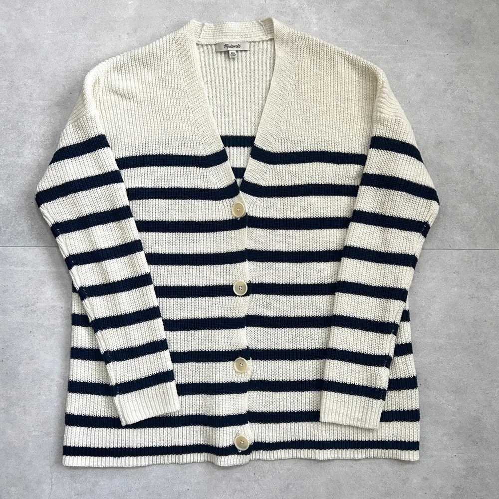 Madewell Striped V-Neck Button Front Cotton Cardigan | Small | Navy & Cream